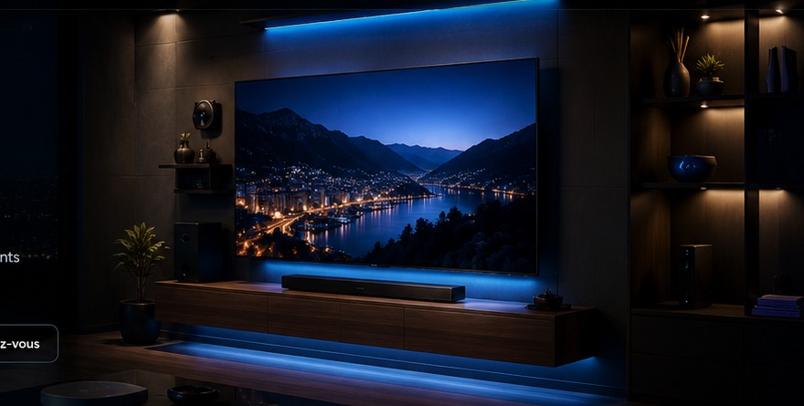 Ambiance décorative d’un salon équipé d’une TV, d’une barre de son et d’un réseau Wi-Fi